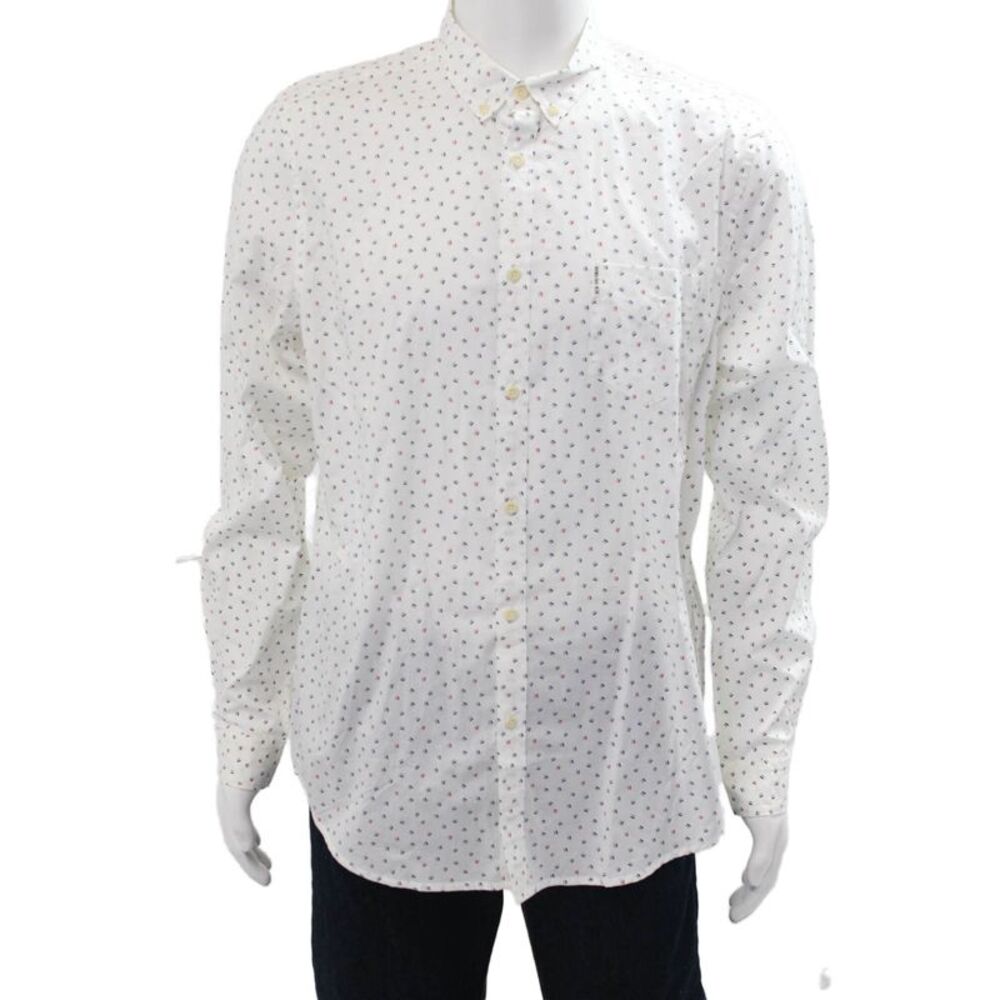 Ben Sherman Men Button-Down Shirt White Geometric Cotton Long Sleeve Size L